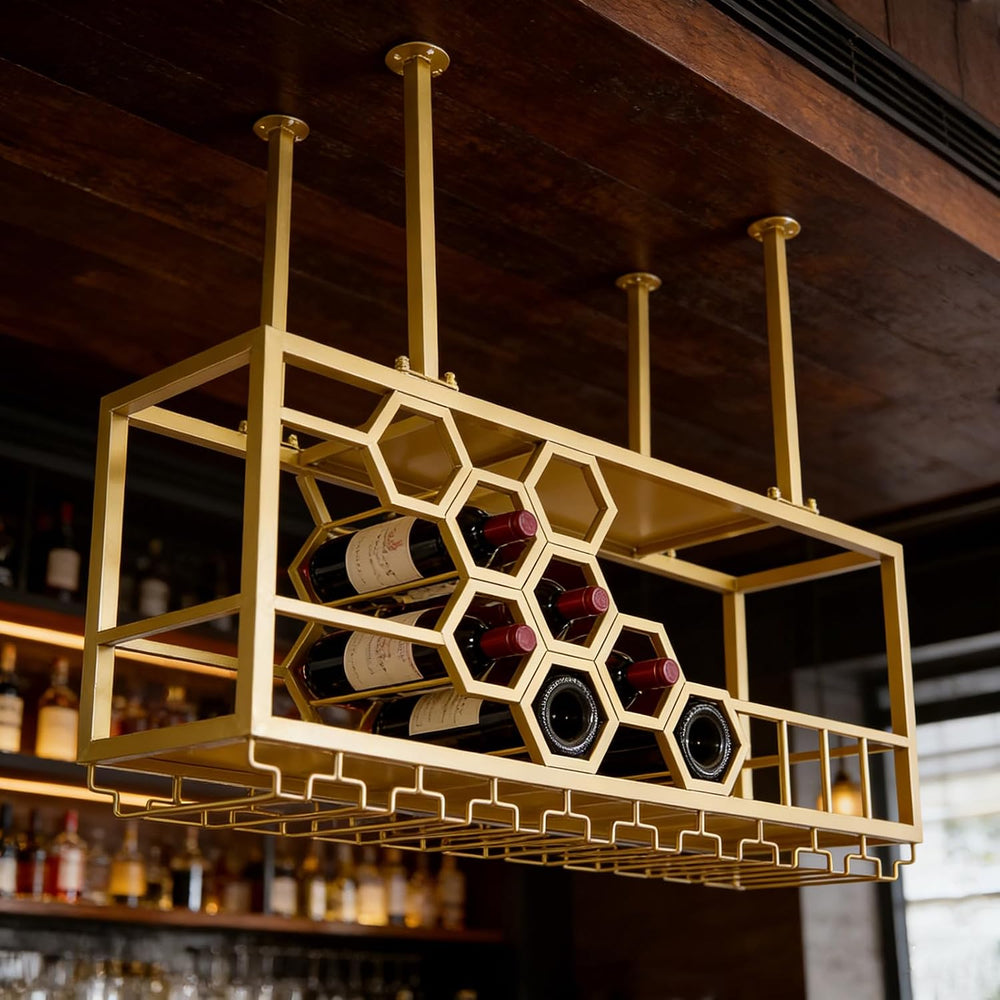 39" Ceiling Wine Rack Gold, Metal Hanging Bottle Rack with Guardrail | H...