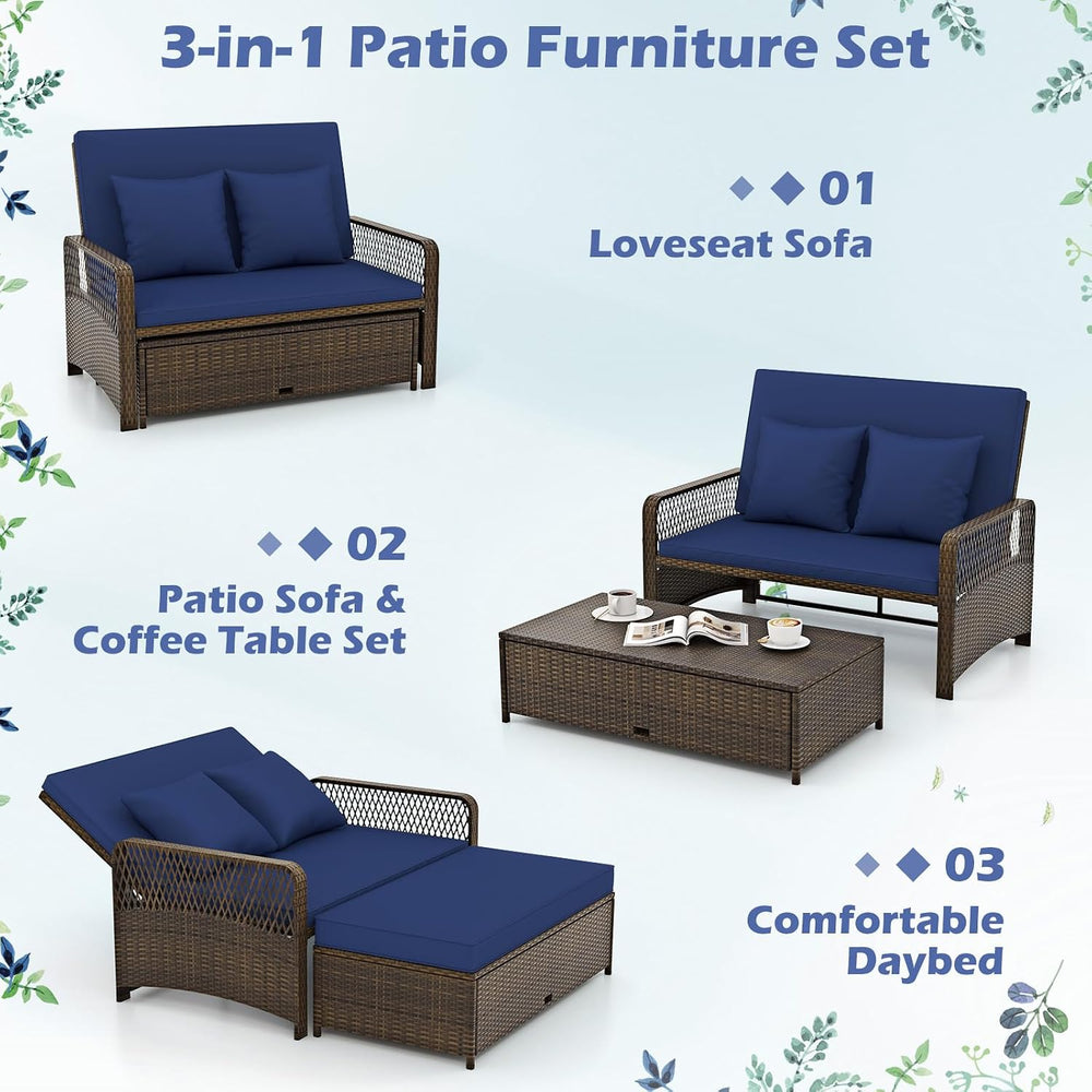 Tangkula Patio Rattan Daybed with 4-Level Adjustable Backrest, Navy