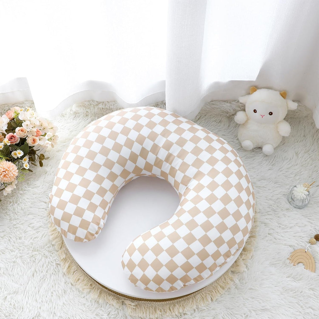 DILIMI Nursing Pillow Cover, Stretchy Removable Case for Breastfeeding Pillows, Ultra Soft Comfortable Slipcover for Baby Girl and Boy, Light Brown Checkerboard
