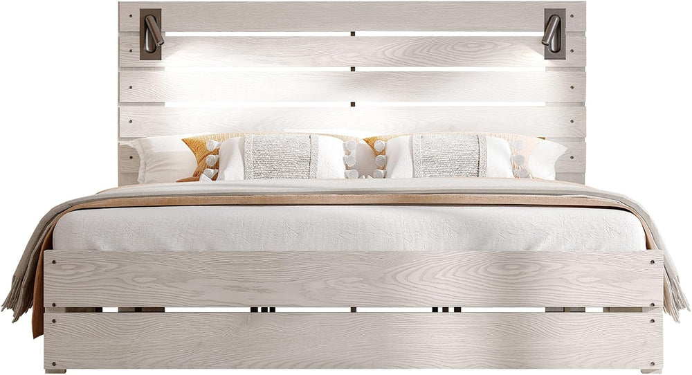 Jocisland Queen Bed Frame Farmhouse 51" Headboard＆Reading Lights, Ash White