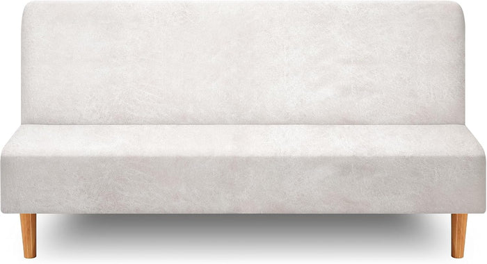 Armless Futon Slipcover, Furniture Protector Without Armrests, Futon Bed Cover, Leather‑Look Stretch with Elastic Bottom for Jackknife Sofa Bed (02-Beige, M)