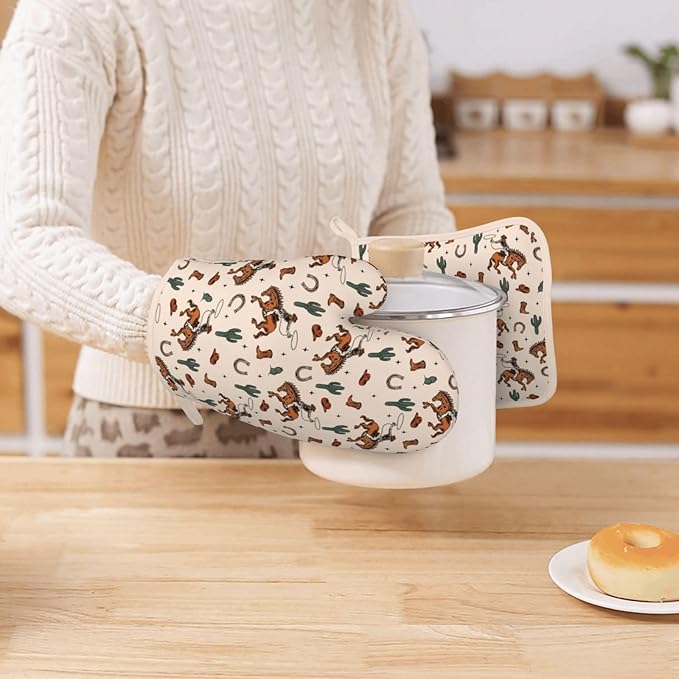 Western Cactus Cowboy Boho Silicone Oven Mitts Pan Mats Set of 2, Heat - Image 7