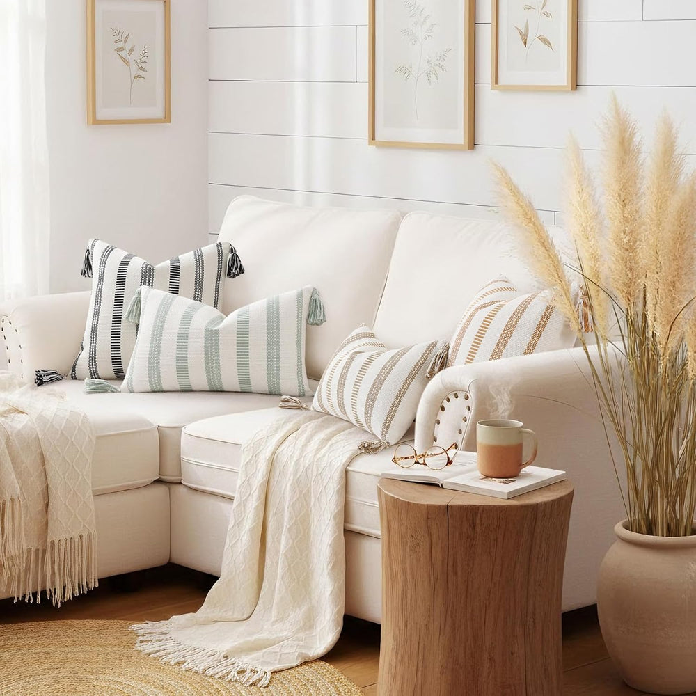 Smile Bee Outdoor Striped Pillow Covers 18x18 Set of 2 Brown and White