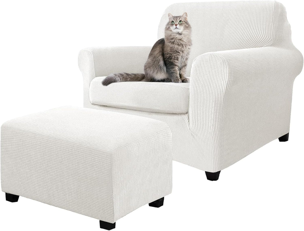 3 Piece Stretch Matching Chair and Ottoman Slipcover Set, Jacquard Arm Chair/...