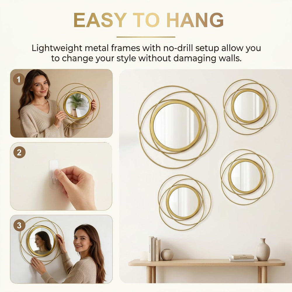 4 Piece Gold Round Wall Mirror Set Modern Metal Circles for Home Decor