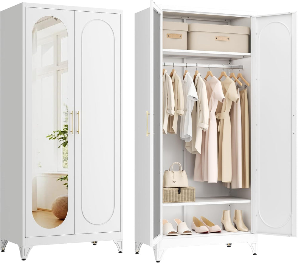 Metal Wardrobe Closet with Mirror Doors and 2 Adjustable Shelves