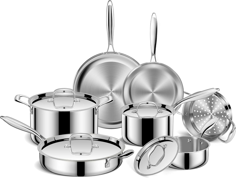 EWFEN Pots and Pans Set, 3 Ply 11 Piece Stainless Steel Cookware Set, Oven