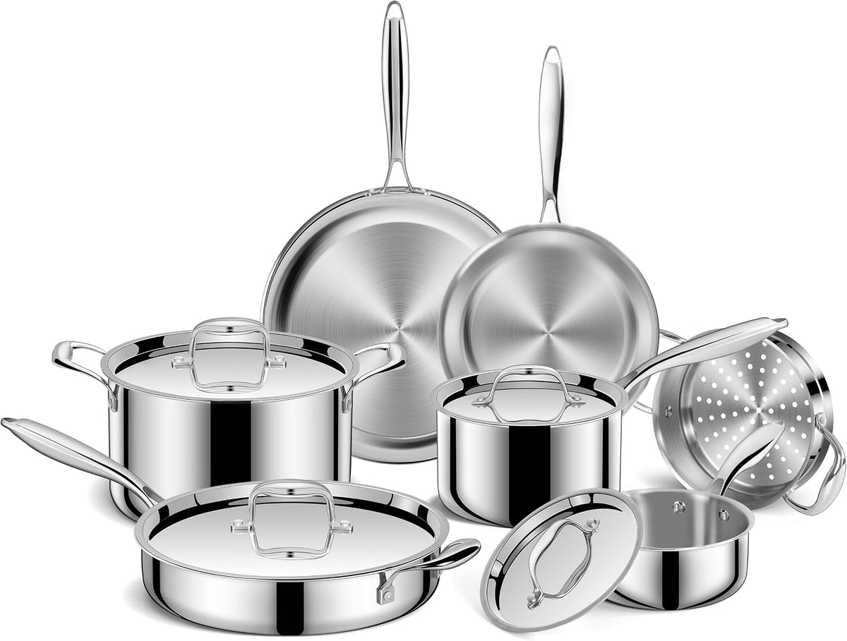 EWFEN Pots and Pans Set, 3 Ply 11 Piece Stainless Steel Cookware Set, Oven