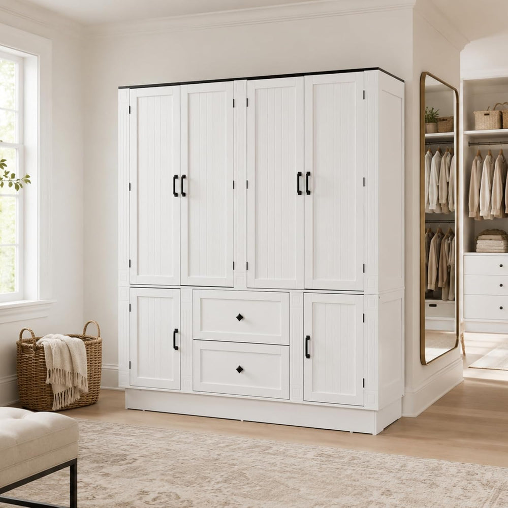 63"W White 6-Door Armoire Wardrobe Closet, 2 Drawers, LED Lights