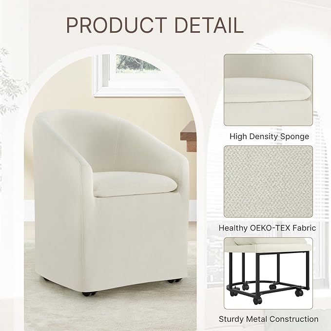 Upholstered Dining Chairs with Casters, Washable Cover Modern Dining Room Cha...