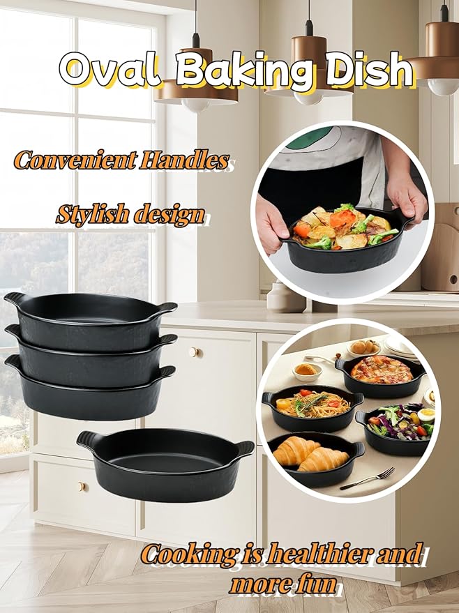 Oval Au Gratin Baking Dishes Set of 4 9" x 5" 19 oz matte black Ceramic Oven - Image 7
