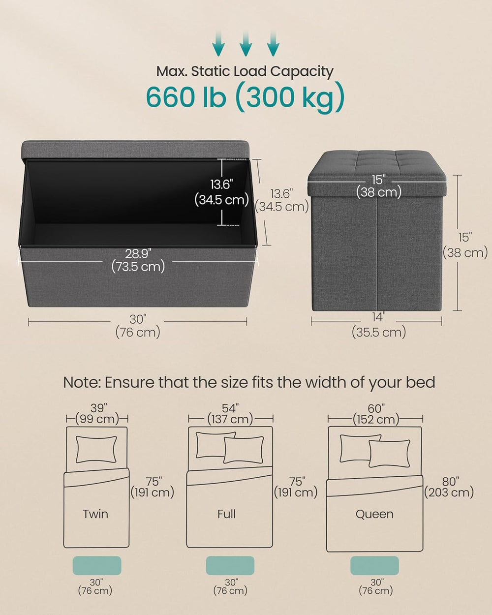 SONGMICS 30 Inches Folding Storage Ottoman Bench, Load 660 lb
