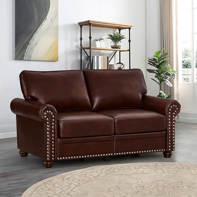 2 Piece Faux Leather Sofa Set,Modern Chair and Loveseat Sets with Storage,Mid Century Couch with Rivet Rolled Arm,Comfy Deep Seat Sofa,Furniture for Living Room,Office(Armchair+Loveseat,Burgundy)