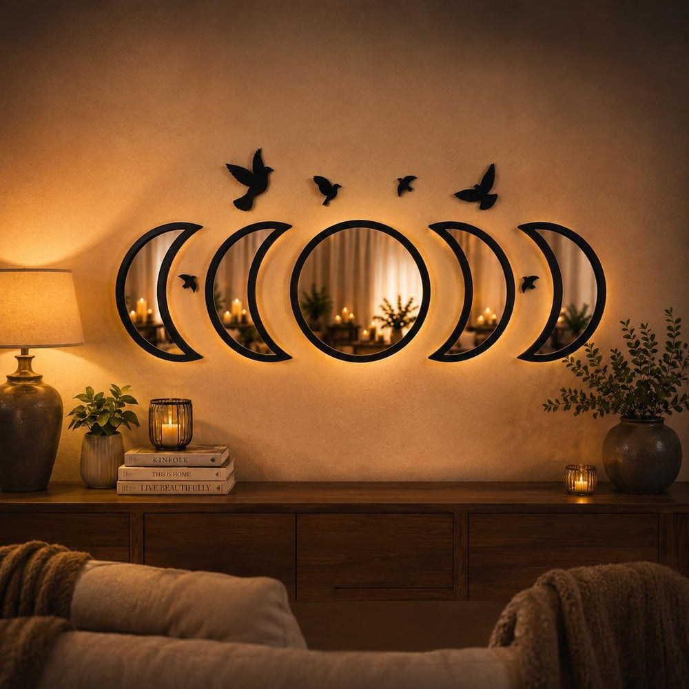NESHE Moon Phase Mirror Wall Decor Set with Birds | Gothic Witchy Boho Wall M...