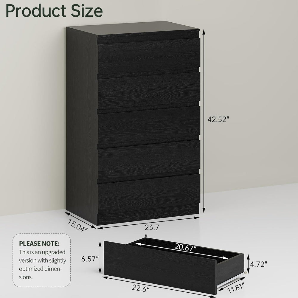 Black Wood Dresser for Bedroom, 5 Drawer for Clothes Storage