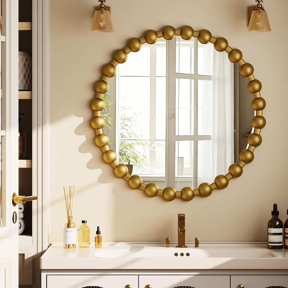 Easly Round Mirror for Wall, 24 Inch Gold Beaded Frame Decorative Vanity Mirr...