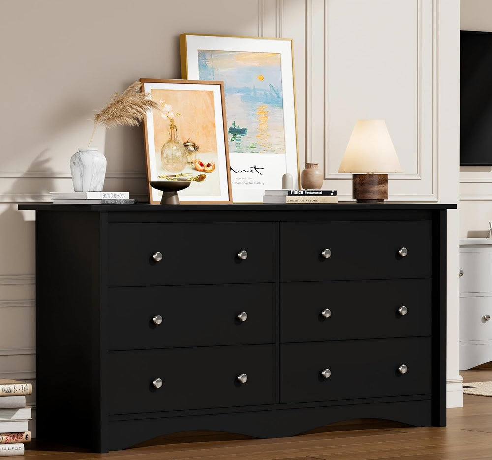 Flamaker Dresser for Bedroom, 6 Drawer Wood Dresser, Black