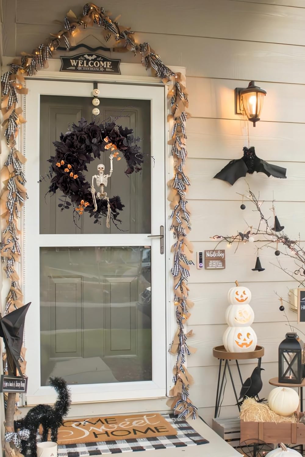 20" Pre-lit Halloween Black Moon Wreath with Poseable Skeleton, Handmade...