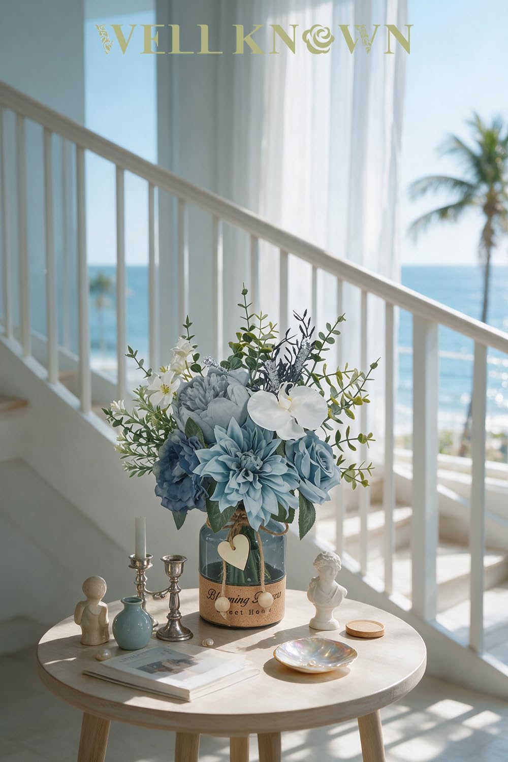 WELL KNOWN Artificial Flowers Bouquet with Designed Glass Vase, Dusty Blue
