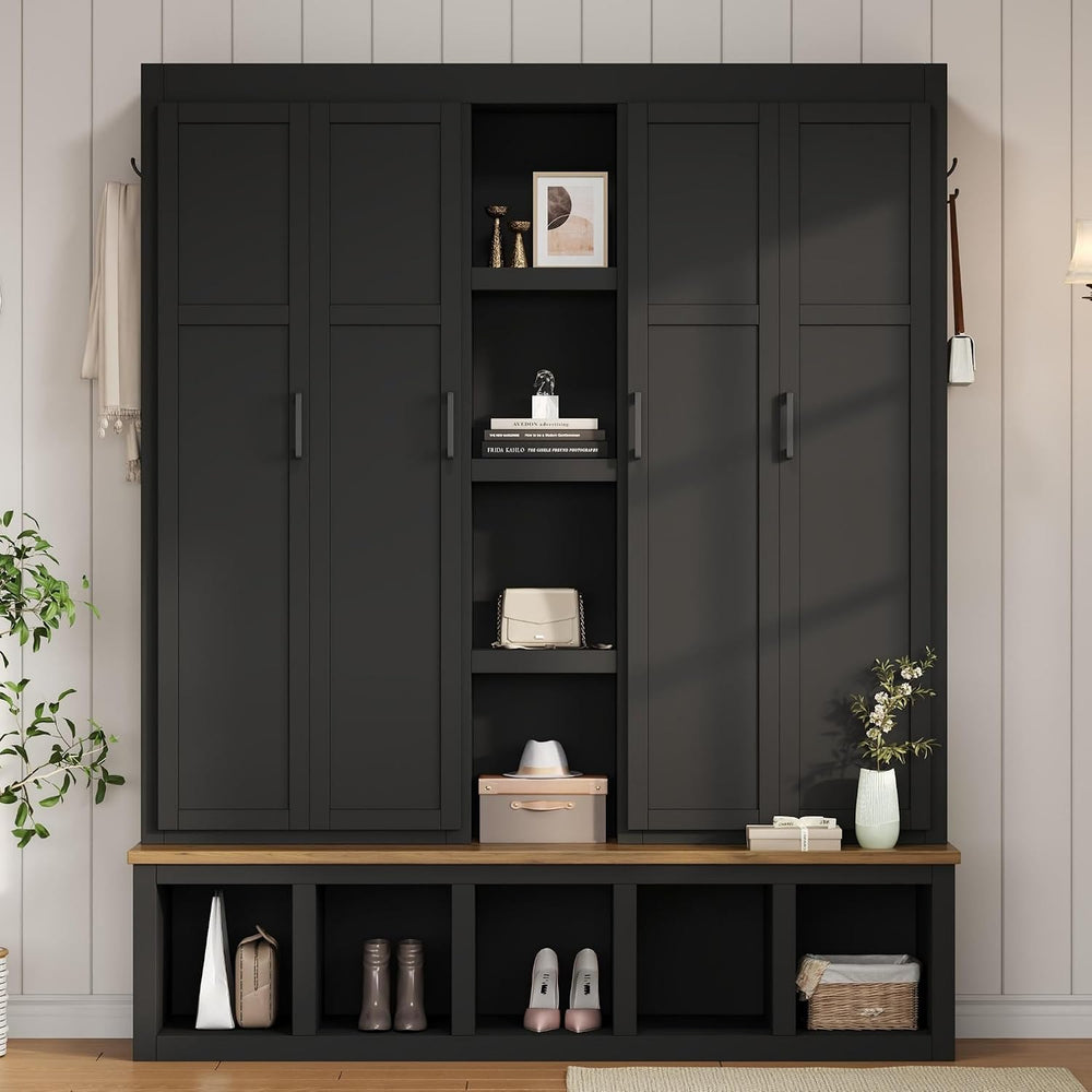 Modern 63'' Wide Hall Tree with 6 Hidden Hanging Hooks, Brown Wood Gr...