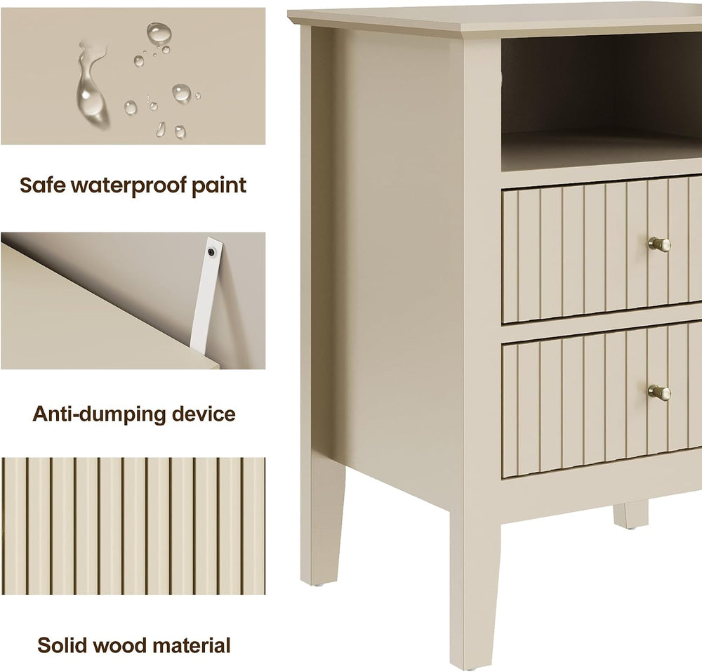 RoyalCraft Beige Fluted Nightstand Set of 2, Colorful Nightstand with 2 Drawe...