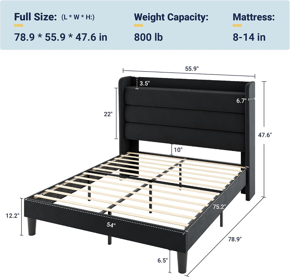 Allewie Full Size Upholstered Bed Frame with Charging Station, Black