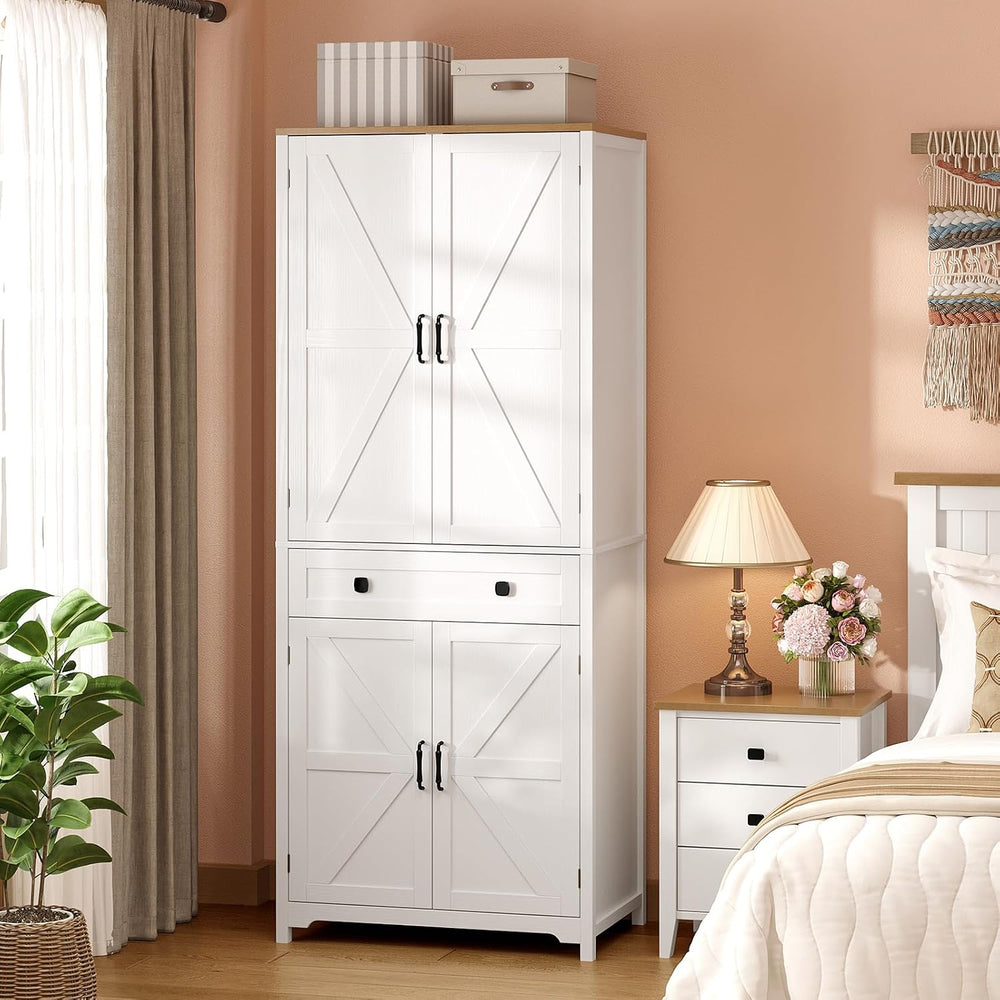 VINGLI Farmhouse Armoire Wardrobe Closet with 4 Doors and 1 Drawer, White