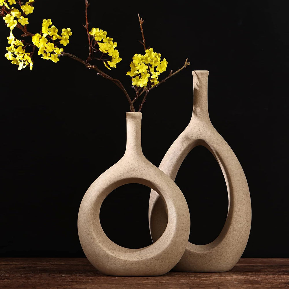 LCCCK Matte Beige Ceramic Vase, Tan Circle Vases with Hole, Neutral Rustic Ce...