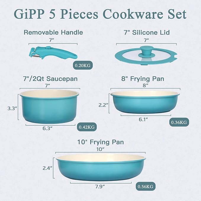 GIPP 5pcs Pots and Pans Set Non Stick, Nonstick Cookware Set Detachable Handle