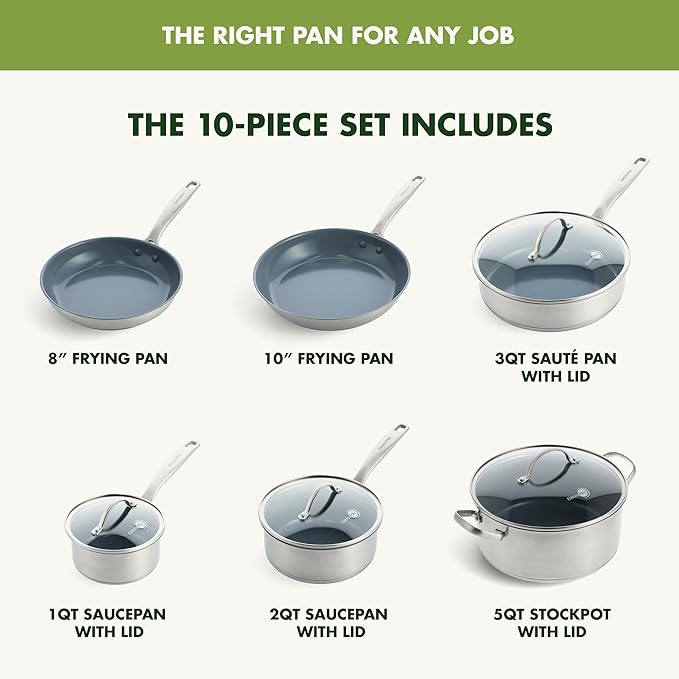 GreenPan Treviso 10 Piece Cookware Set, Non-Toxic PFAS-Free Stainless Steel - Image 6