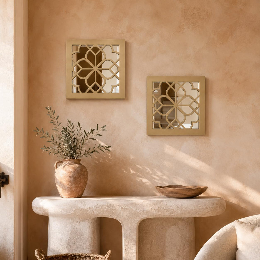 Set of 2 Boho Square Wall Mirrors - Matte Gold Metal Shatterproof Hanging for...