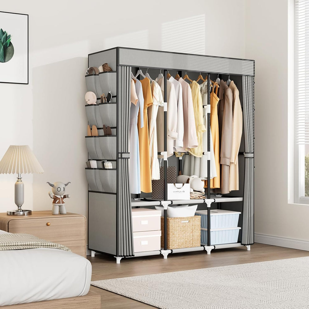 Portable Closet with Cover, 3 Hanging Rods and Side Pocket, Sturdy Free Stand...