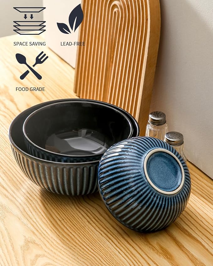 HASENSE Mixing Bowls of 3, Porcelain Ribbed Bowls 1.5/1/0.5 Qt