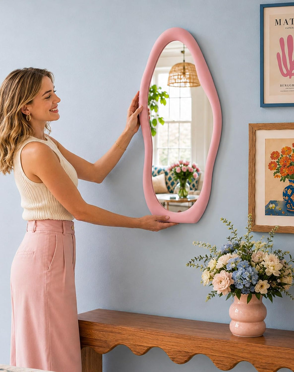 Irregular Wall Mirror Decor for Living Room Hallway,30x14",Soft Pink