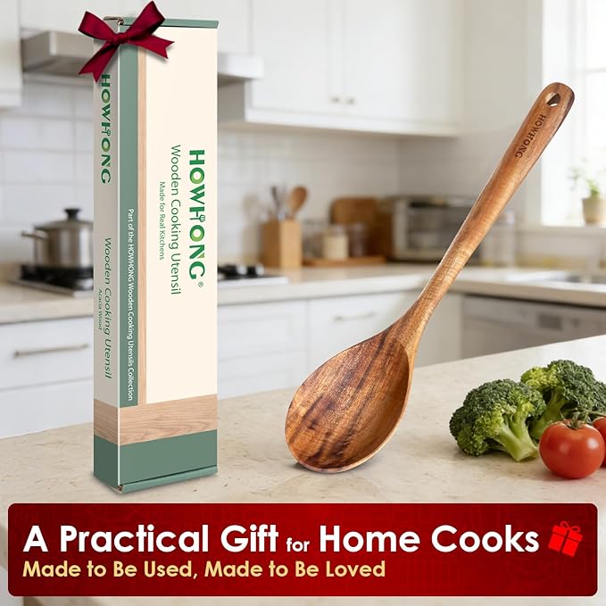 HOWHONG Wooden Cooking Spoon, Long Handle Acacia Wood Spoon - Image 7