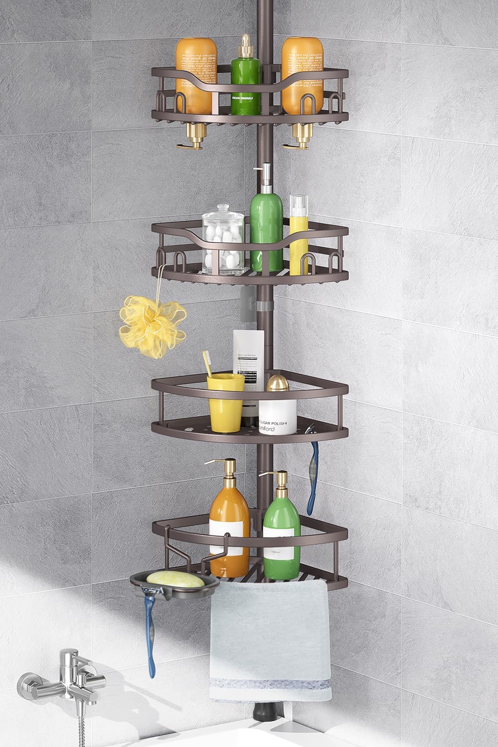 HAMITOR Corner Shower Caddy Tension Pole: Rustproof Stable 4-Tier Bathroom