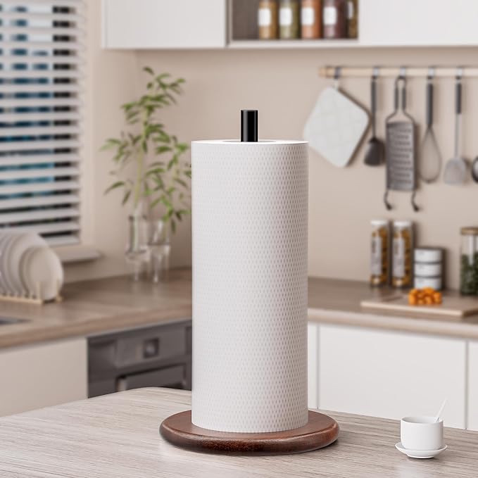 Paper Towel Holder with Wooden Base, Kitchen Countertop Paper Towel Stand - Image 2