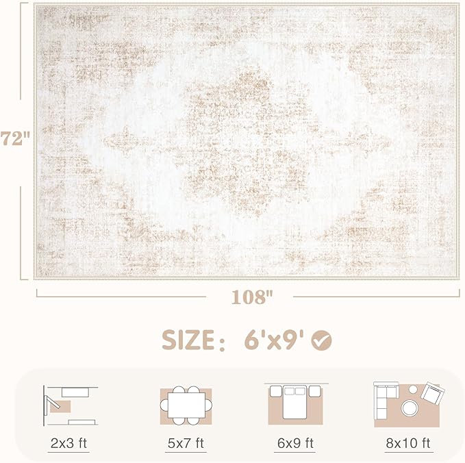 Area Rug 6x9 Vintage Rug: Washable Living Room Rugs Retro Medallion Distressed - Image 2