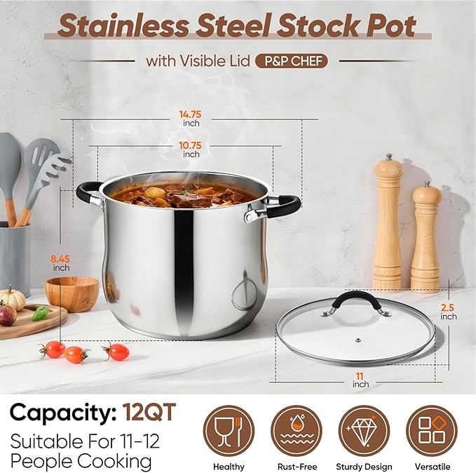 P&P CHEF Stainless Steel Stock Pot, 12 Qt Cooking Soup Pot - Image 2