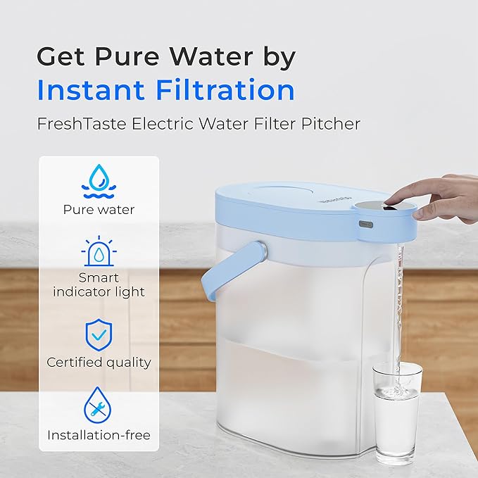 Waterdrop ED06B Electric Water Filter Pitcher, FreshTaste Rechargeable Dispenser