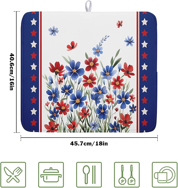 4th of July Dish Drying Mats for Kitchen Counter Patriotic Star Microfiber - Image 2