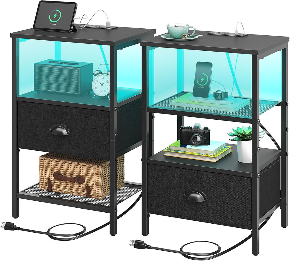Sthmec Nightstands Set of 2, LED Bedside Tables with Charging Station and Fab...