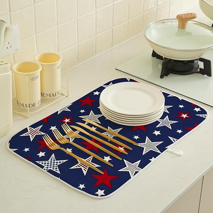 4th of July Dish Drying Mat 18x24 Inch Navy Blue Red Stars Patriotic Decor - Image 2