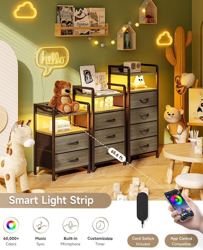 Night Stand Bedside Charger Bedroom - Grey Nightstand with Charging Station &...