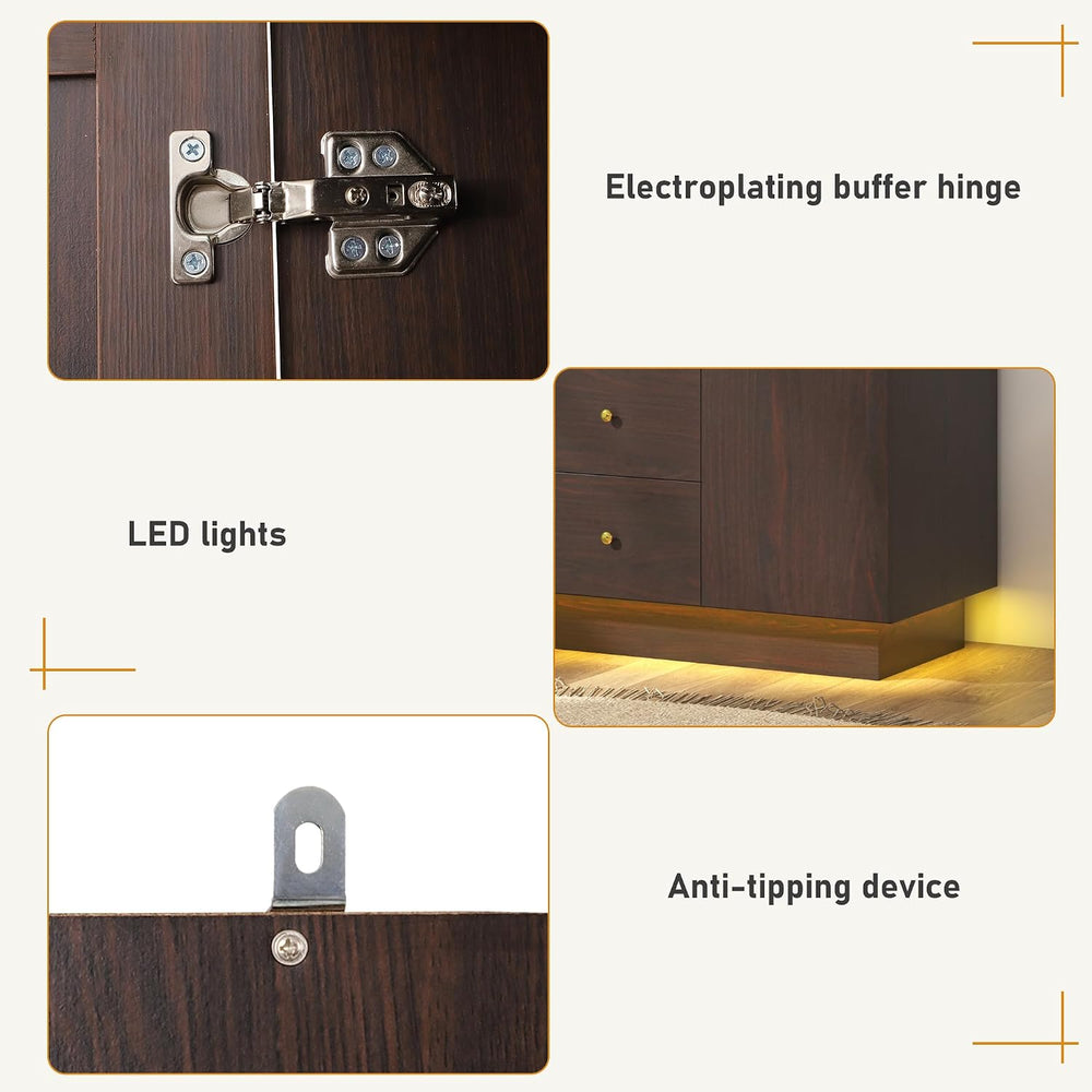 chartustriable 3 Doors Armoire Wardrobe Closet with Mirror, LED Armoire with ...
