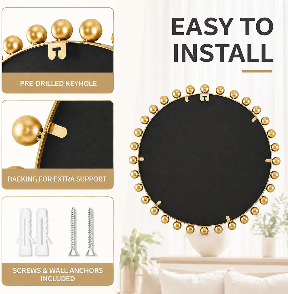 30 Inch Round Wall Mirror, Antique Gold Ball Frame, Beveled Glass