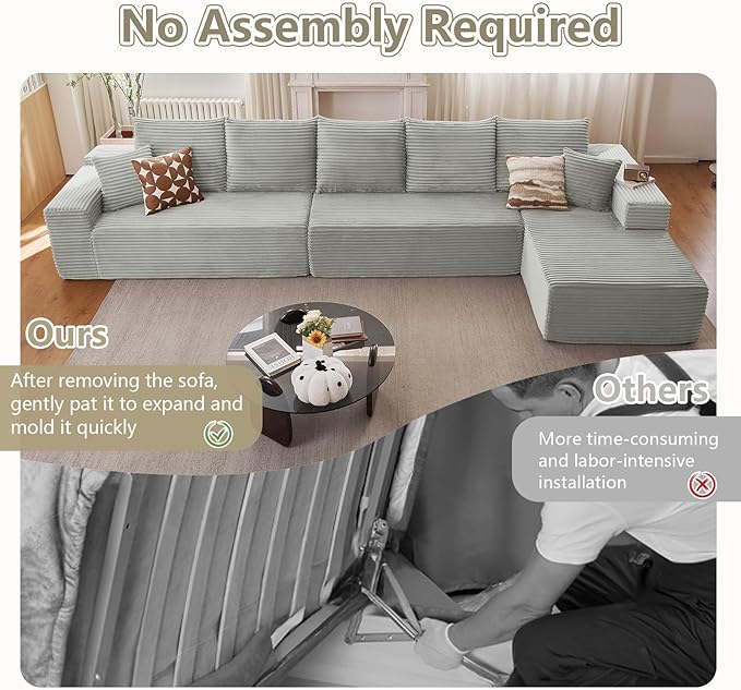 166.9" Cloud Sectional Couch with L-Shape Chaise, Upholstered Corduroy C...