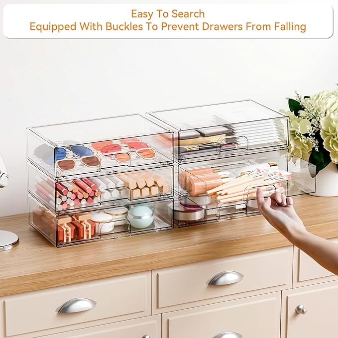 Yieach 12.1''W Clear Stackable Storage Drawers, Makeup Organizers, Plastic - Image 4