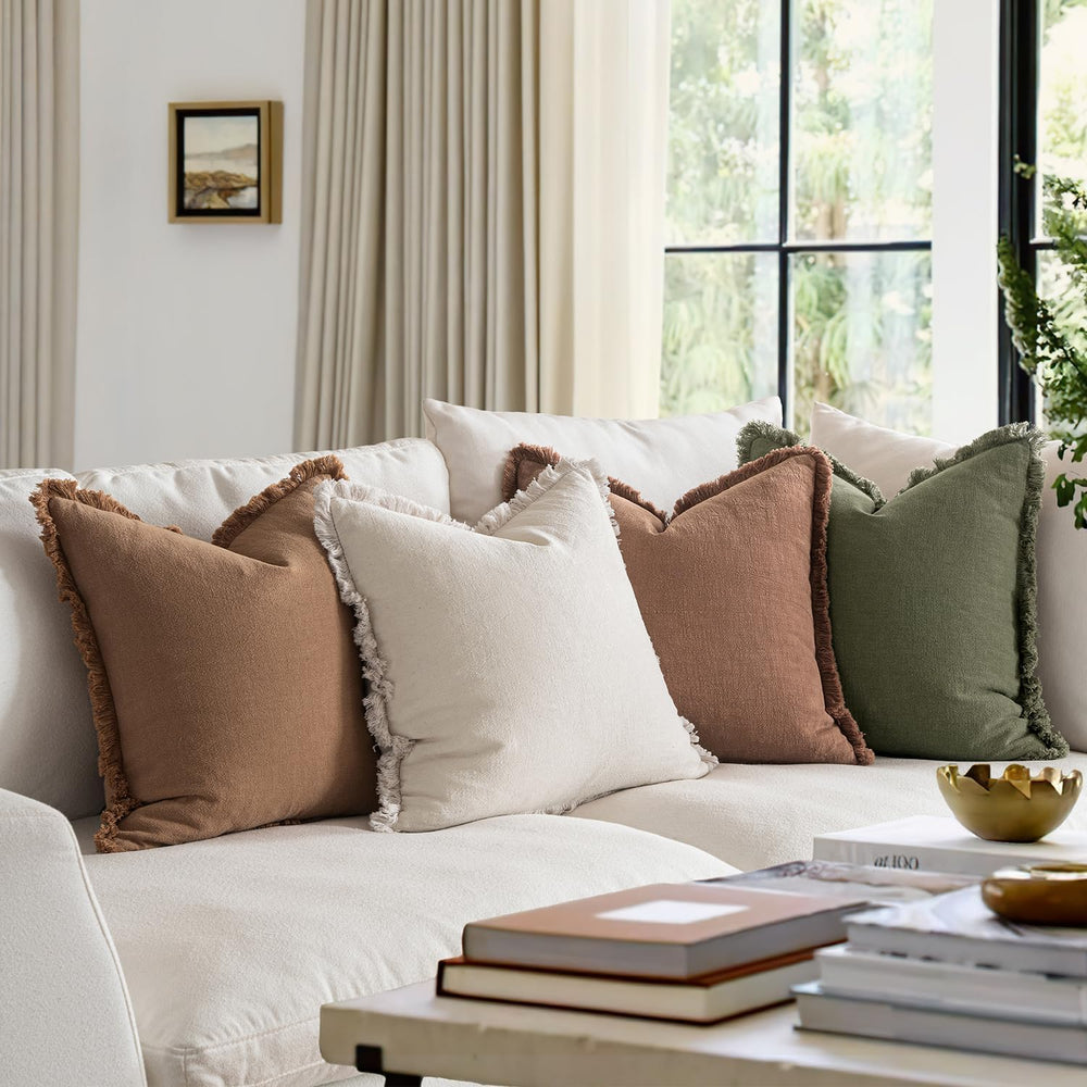 MIULEE Decorative Linen Fringe Throw Pillow Covers 18x18 Beige/Brown/Green