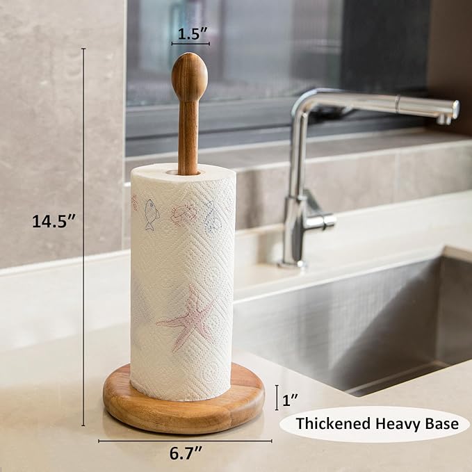 14.5" Acacia Wooden Paper Towel Holder, 6.7" Large Heavy Base Wooden Kitchen - Image 2
